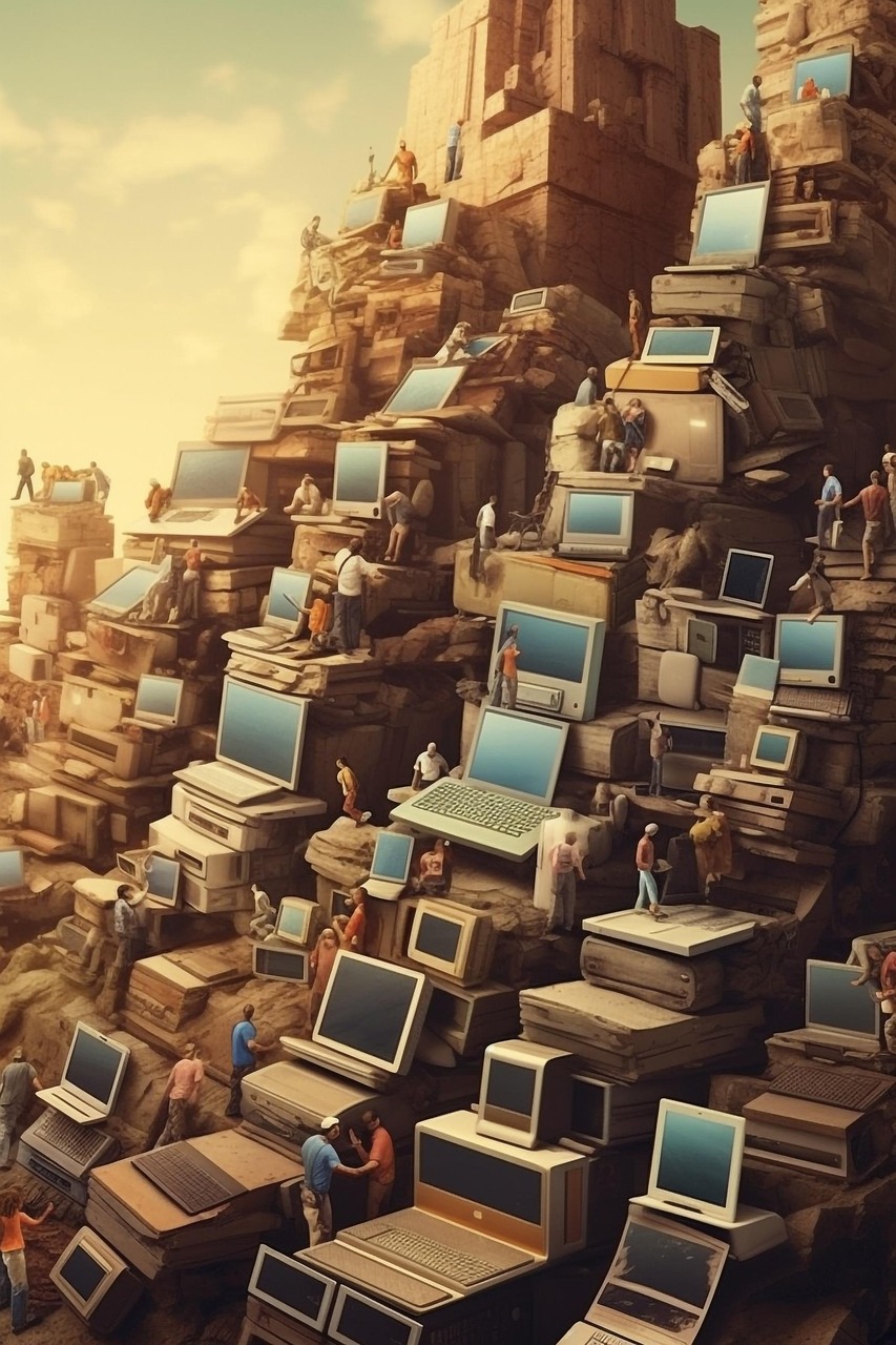 computers, desktops, ai-generated, laptop, mountain, media, scrap metal, garbage, chatbot, technology, future, people, artificial intelligence, nature, ai, development