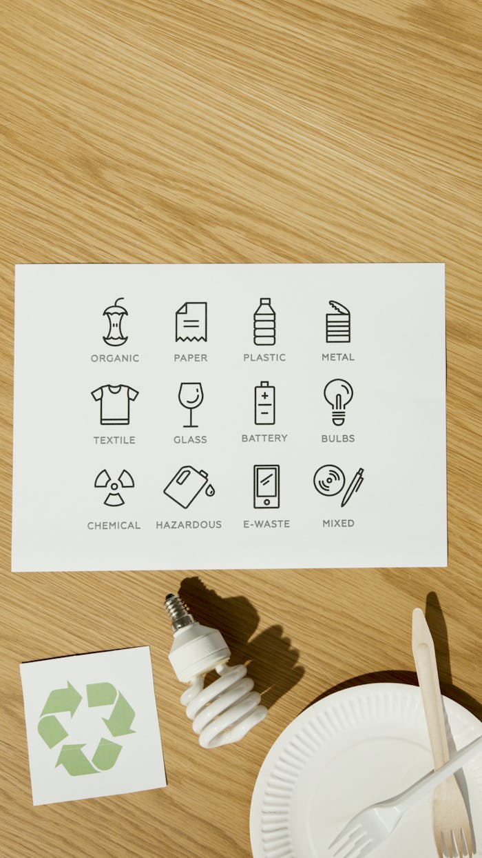 Illustrated recycling chart on wood surface featuring various waste categories and symbols.